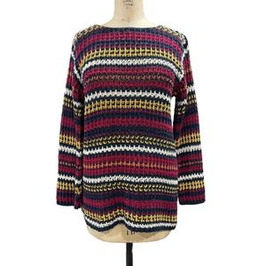 Vittadini Womens Sweater Top Multicolor Striped Crochet Knit Pullover S